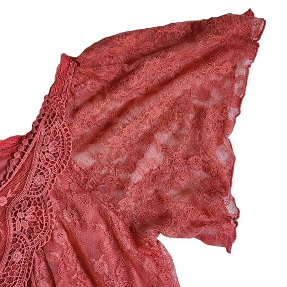 V Cristina flutter sleeve floral print lace overlay top sz M - Picture 9 of 12